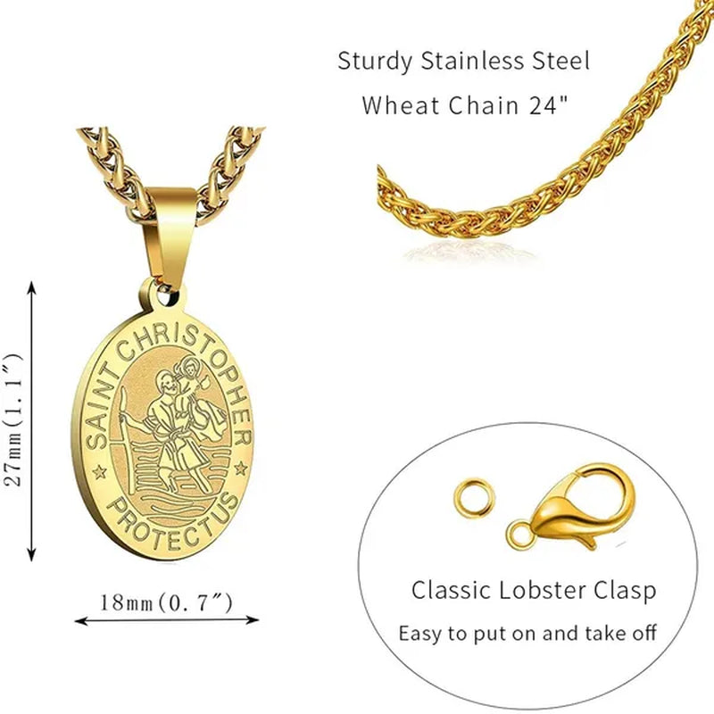 Religious Catholicism Amulet Oval Saint Christopher Necklace for Men Women, 316L Stainless Titanium Steel Catholic Patron Saint of Travellers St Christopher Pendant with Chain 23.6 Inches Black / Silver / Gold