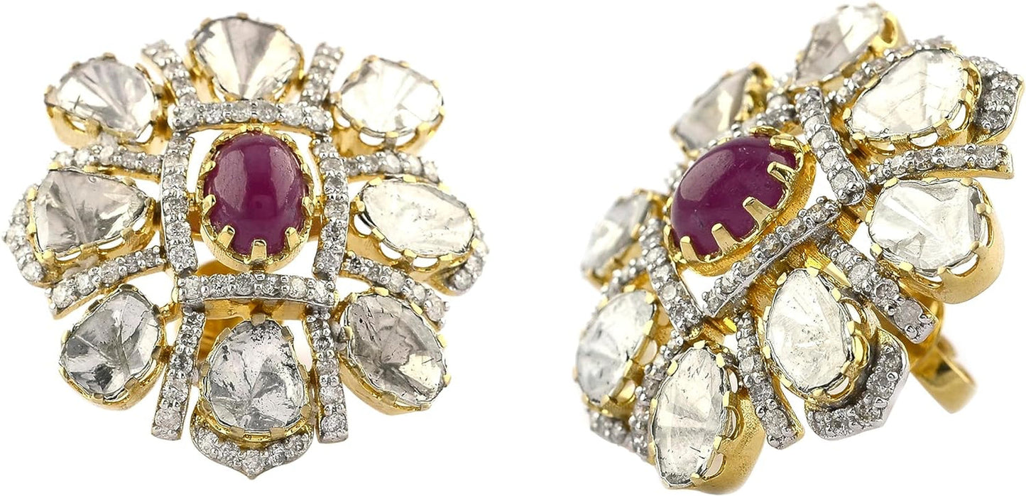 Solid 18K Yellow Gold Genuine Cabochon Ruby Diamond Art Deco Stud Earrings Certified Polki Diamond Earrings for Women