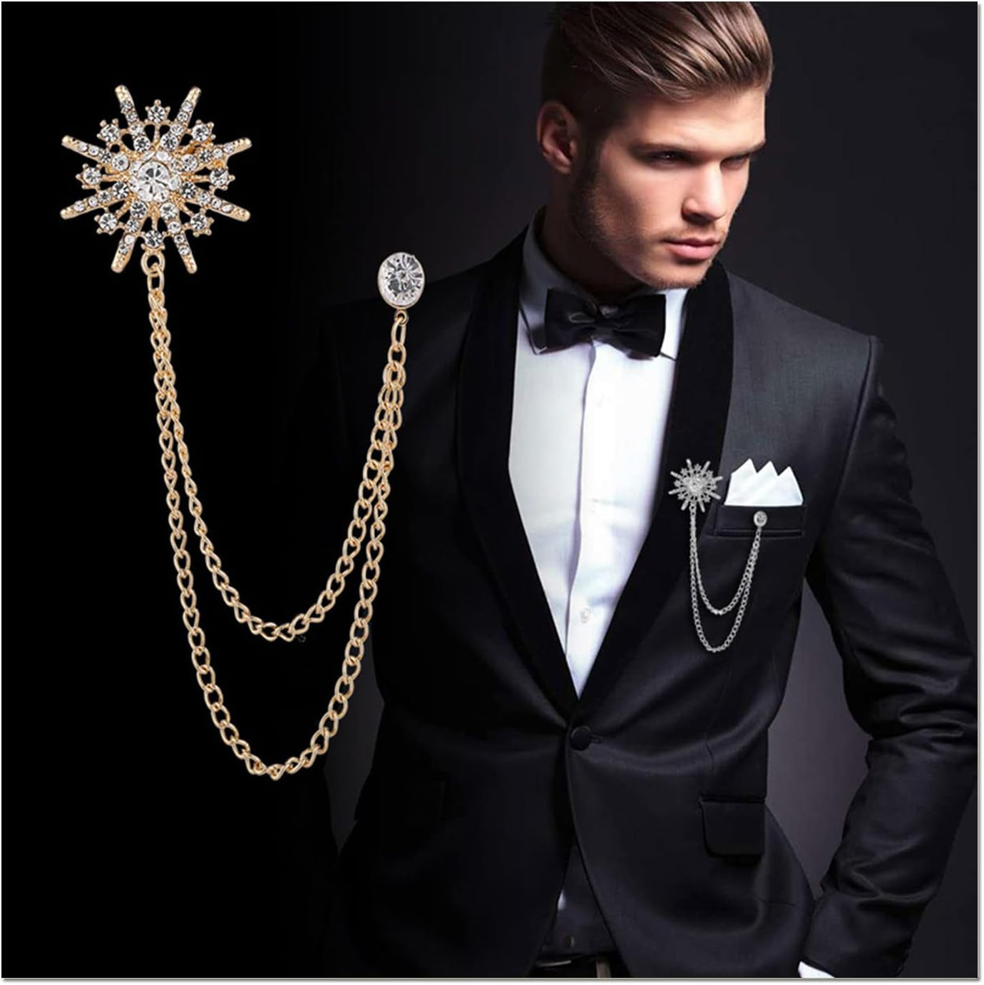 Snowflake Rhinestone Brooches, Hanging Chain Tassel Badge, Gold Silver Snowflake Long-Chain Brooches Shirt Collar Lapel Pin for Men Women Suit Accessories Stage Jewelry