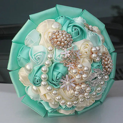 Customizable Mixed Color Silk Rose Wedding Bouquet Fine Pearl Diamond Brooch Bride Holding Flowers Artificial Wedding Flower Bridesmaid Bouquet 4Size