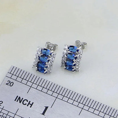 Blue Sapphire White Topaz 925 Silver Jewelry Sets for Women Earrings Pendant Necklace Rings Bracelets 4PCS