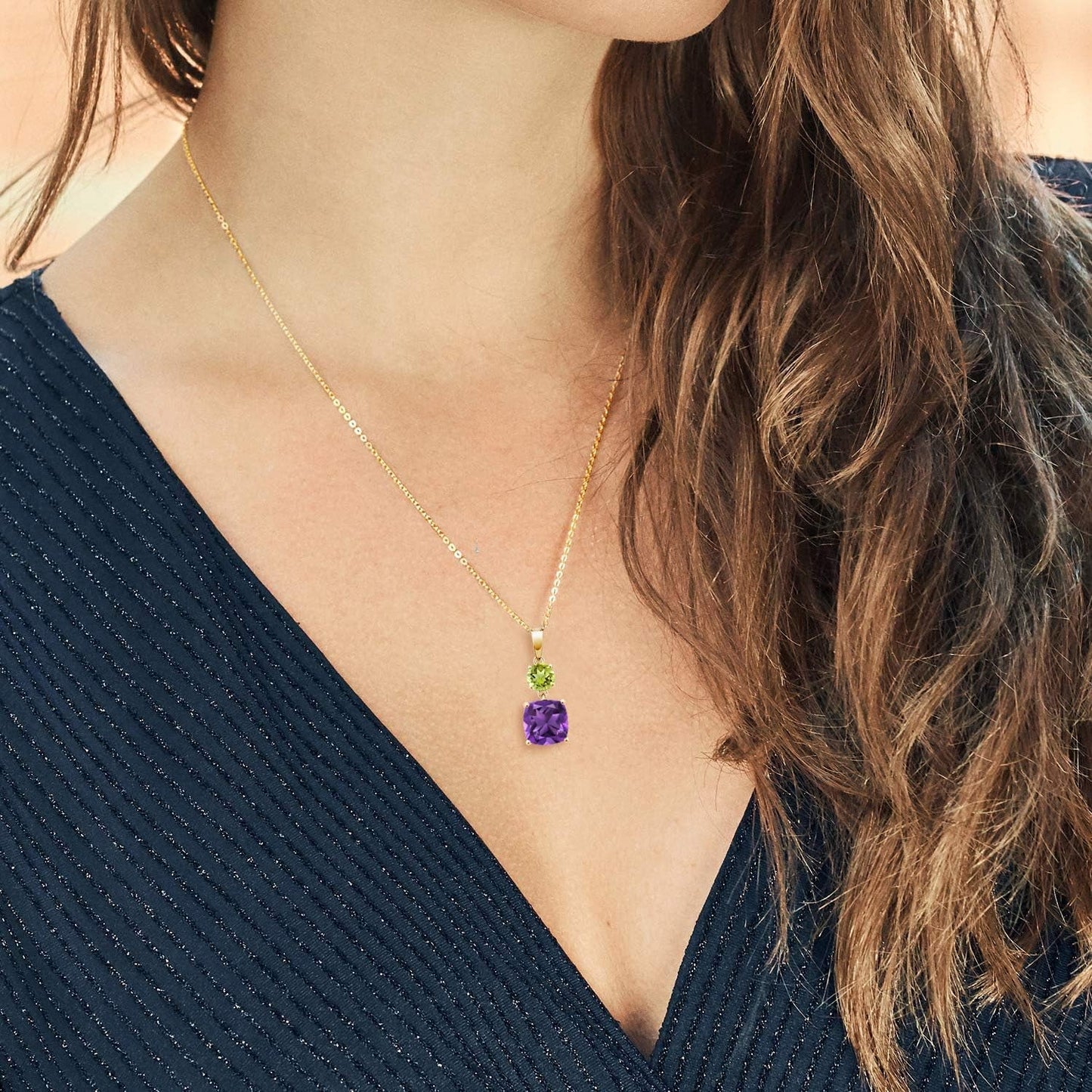 18K Yellow Gold Plated Silver Purple Amethyst and Green Peridot Pendant Necklace for Women (4.00 Cttw, Gemstone February Birthstone, Cushion 10MM, round 6MM)