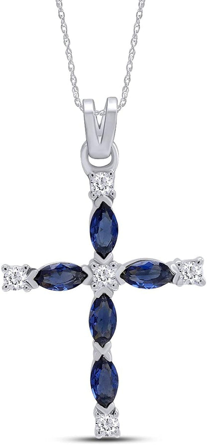 Marquise Cut Simulated Blue Sapphire White Diamond Cross Pendant Necklace in 10K Solid Gold