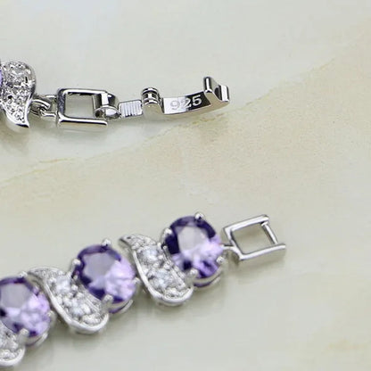 925 Silver Jewelry Purple Amethyst White CZ Charm Bracelets For Women