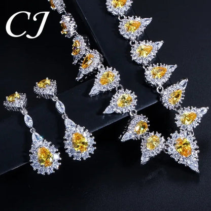 CANDICE White Gold Plating Sparkling Cubic Zirconia Choker Necklace Sets with Dangle Earrings Inlay Crystal Citrine Yellow Stone Evening Party Jewelry Set for Women