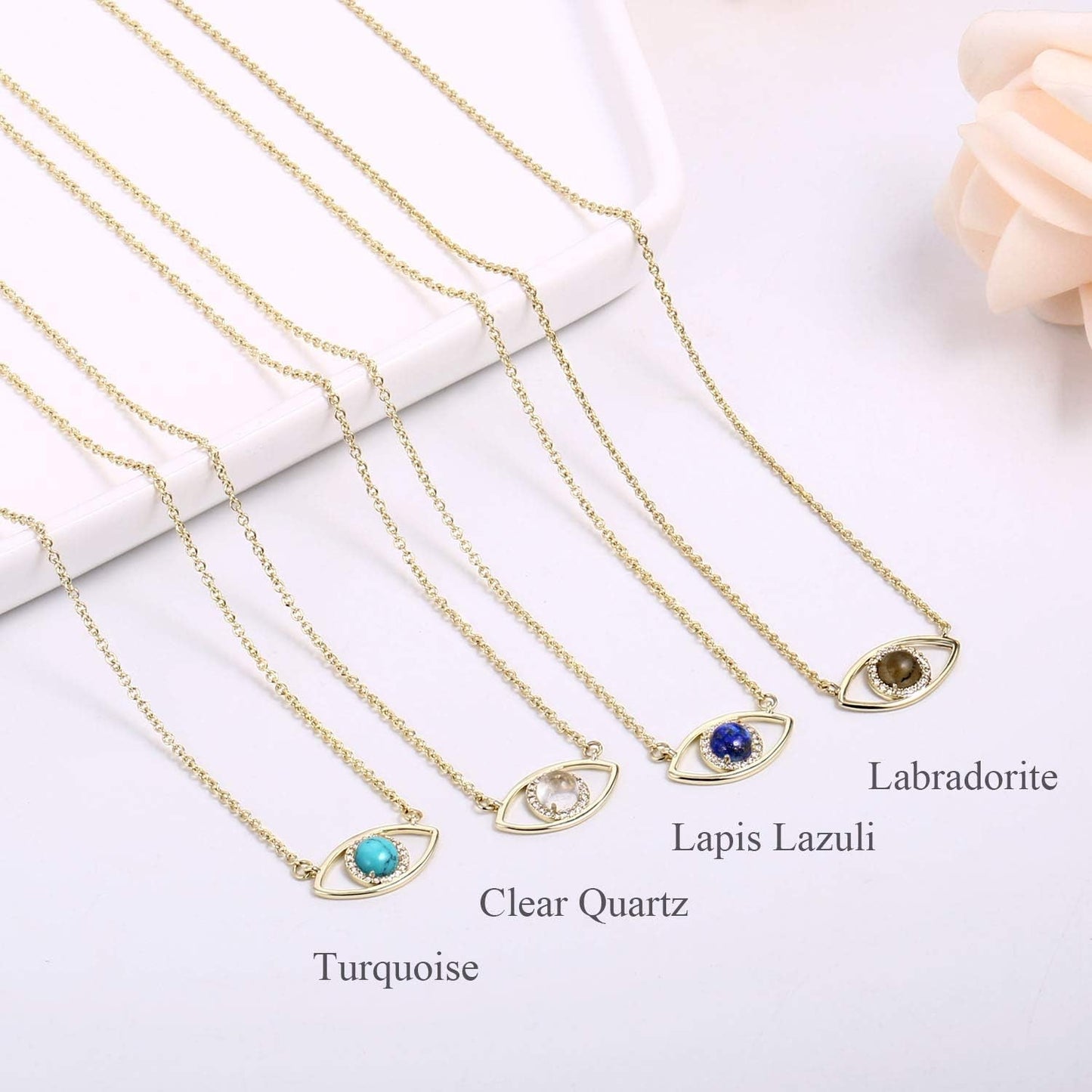 14K Gold Dainty Evil Eye Necklace for Women | Gemstone Necklace | Real Crystal Necklace for Women