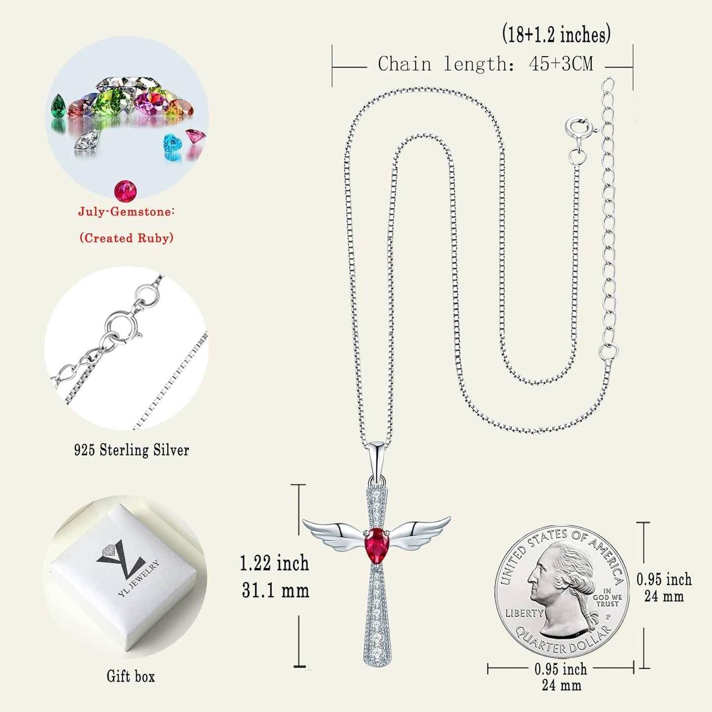 Cross Necklace 925 Sterling Silver Angel Wings Pendant Teardrop Birthstone Criss Jewelry for Women