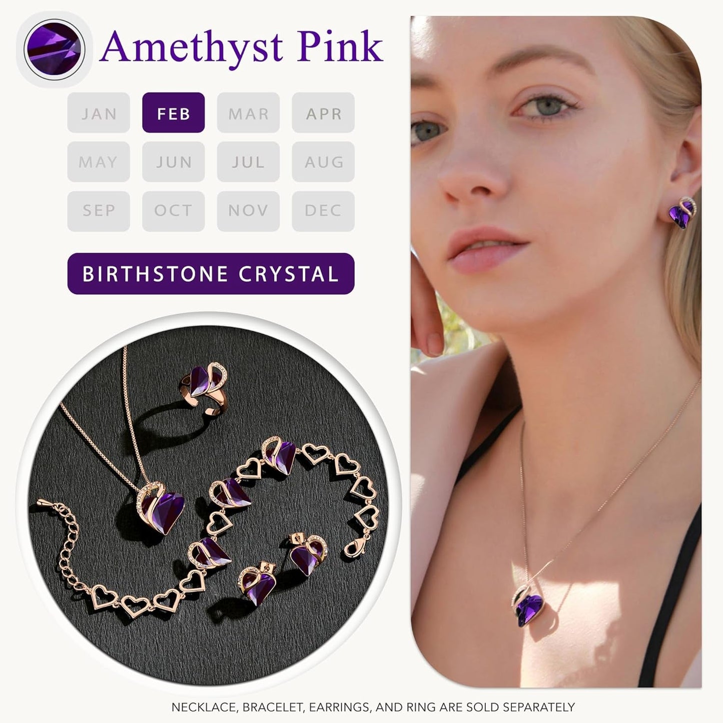 Rose Gold Plated Necklace for Women: Heart Shaped Birthstone/Healing Crystals Center, Dazzling Cubic Zirconia, Hypoallergenic Chain (18"+2"), Timeless Jewelry Gifts for Anniversaries and Birthdays