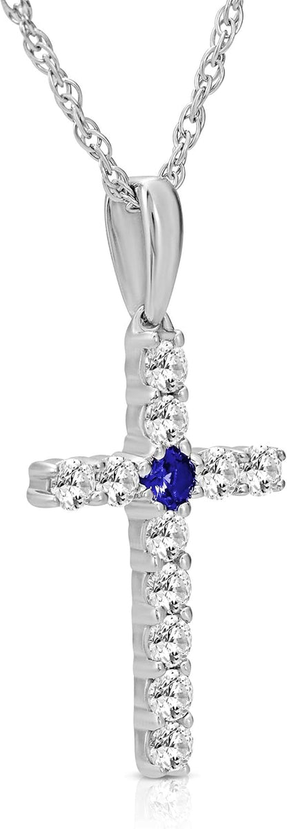 14K Gold Diamond and Created Blue Sapphire Cross Pendant with Sterling Silver Rope Chain Necklace (1/4 Cttw, I-J Color, I2-I3 Clarity), 18"