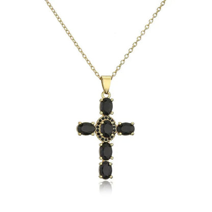 Fashion Jewelry Luxurious Temperament Gold-Plated Sapphire Emerald Ruby Topaz Amethyst Cross Pendant Necklace