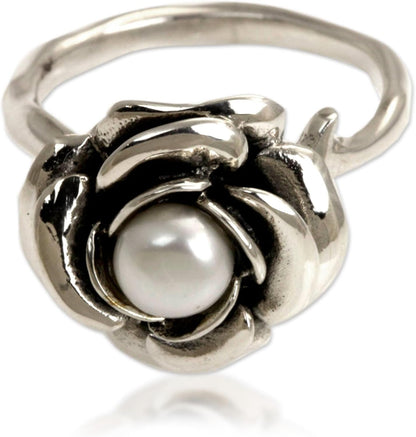 Artisan Handmade Pearl Flower Ring Crafted Sterling Silver White Single Stone Indonesia Floral Birthstone Peace [Crownbezel 0.4 in H X 0.6 in Diam. Band Width 2 Mm W] ' White Rose'