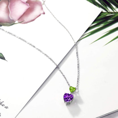 925 Sterling Silver Purple Amethyst and Green Peridot Double Heart Pendant Necklace for Women (2.10 Cttw, Heart 8MM and 5MM, with 18 Inch Silver Chain)