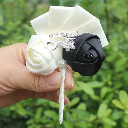 Handmade 8piece/lot Colorful Silk Rose Wedding Corsages Boutonniere Groom Diamond Wedding Flowers Boutonniere Brooch Flower