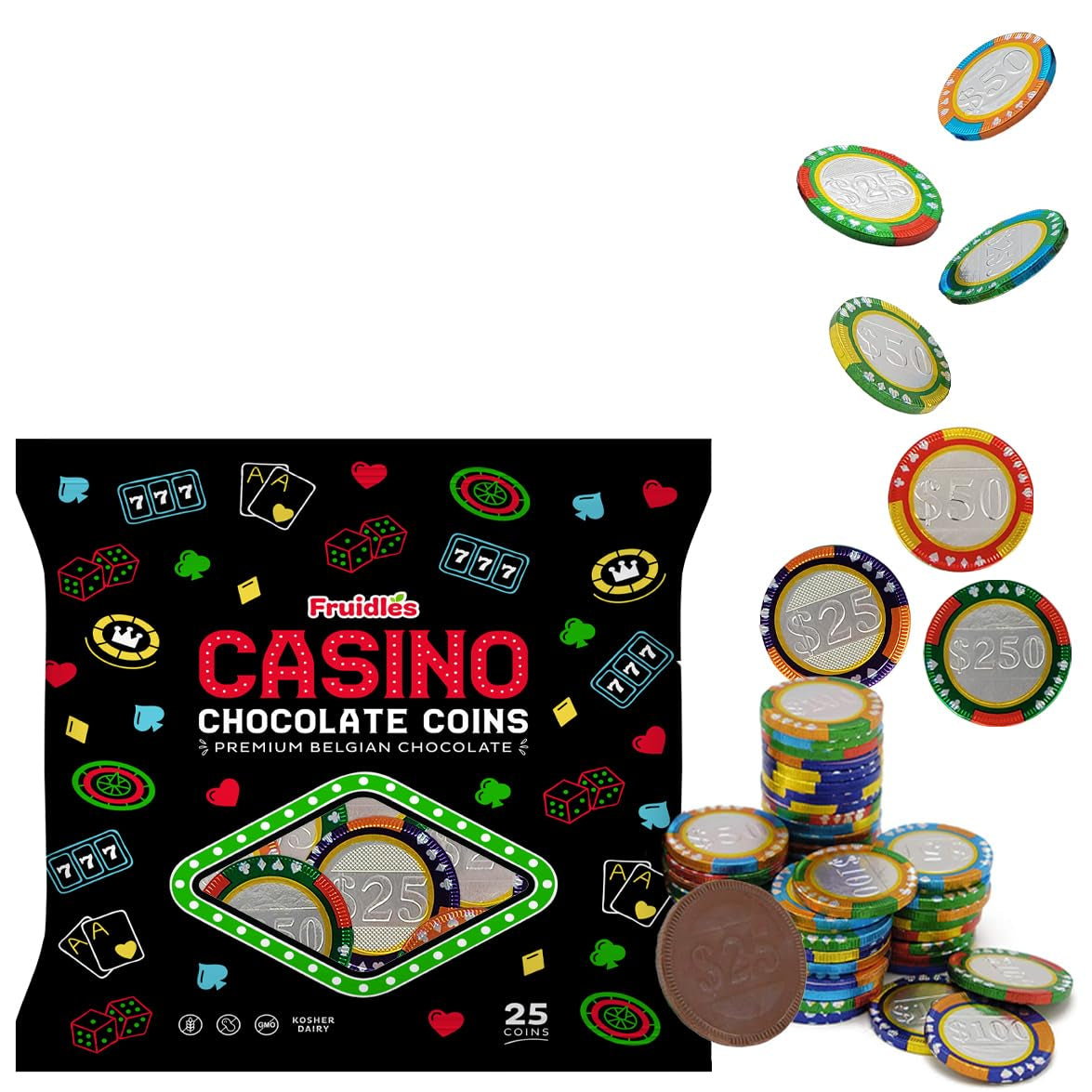 Casino Poker Chips, Belgian Milk Chocolate Coins, Kosher Certified Dairy, Non GMO (25-Pack)