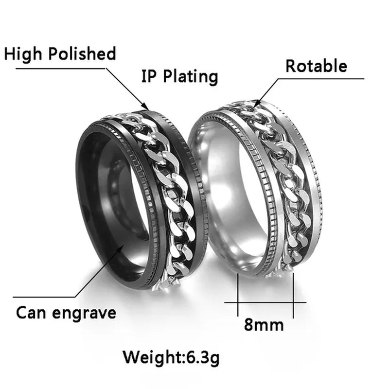 Fashion Punk Stainless Steel 8Mm Rings for Men Chain Rings Biker Grooved Edge, Size 5-13