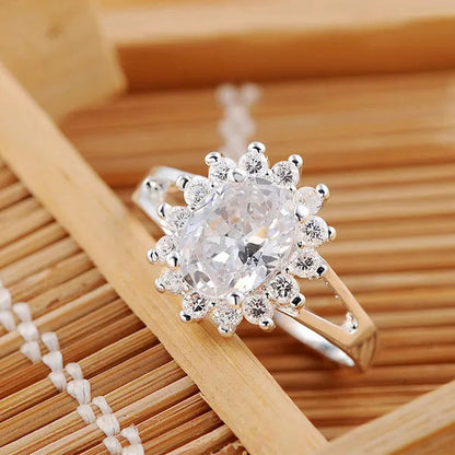 NEW 925 Sterling Silver Shiny Crystal Flower Rings for Women Fashion Wedding Party Gifts Girl Student Charm Jewelry