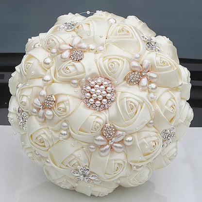 Ivory Rose Bride Wedding Bouquets Pearl Jewelry Brooch Bouquet Flowers 18Cm