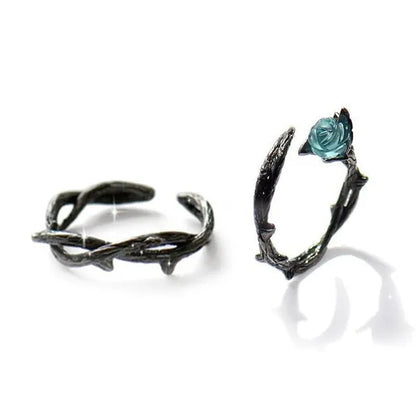 Black Rose Bud Creative Lovers Silver Ring and Ring Thorn Personality Opening Lovers Ring Couple Ring