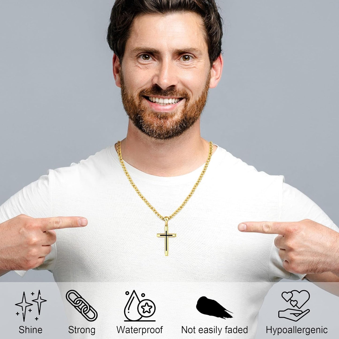 925 Sterling Silver Cross Necklace for Men Women，Black Cross Necklaces with 4.5MM Durable Stainless Steel Cuban Link Curb Chain，18K Gold over Real Silver Cross Pendant Necklace 16-28 Inches