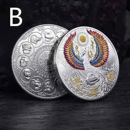 Divine Bird Phoenix Zodiac Commemorative Coin Chinese Lucky Auspicious Divine Bird Replica Gold-Plated Silver Collectible Gift Craft Souvenir