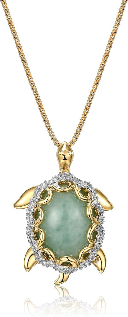 .925 Sterling Silver 18K Gold Plated Genuine Jade Necklaces for Women - Elephant and White Sapphire or Turtle with 1/10 Cttw Diamond Pendant, Gold Necklace for Women Jewelry 18 Inch