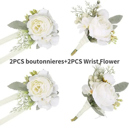 4Pcs Peony Wrist Corsages Bride Wristlet Band Bracelet Men Boutonnieres Set for Wedding Flowers Mother of Bride and Groom, Party Prom Flowers