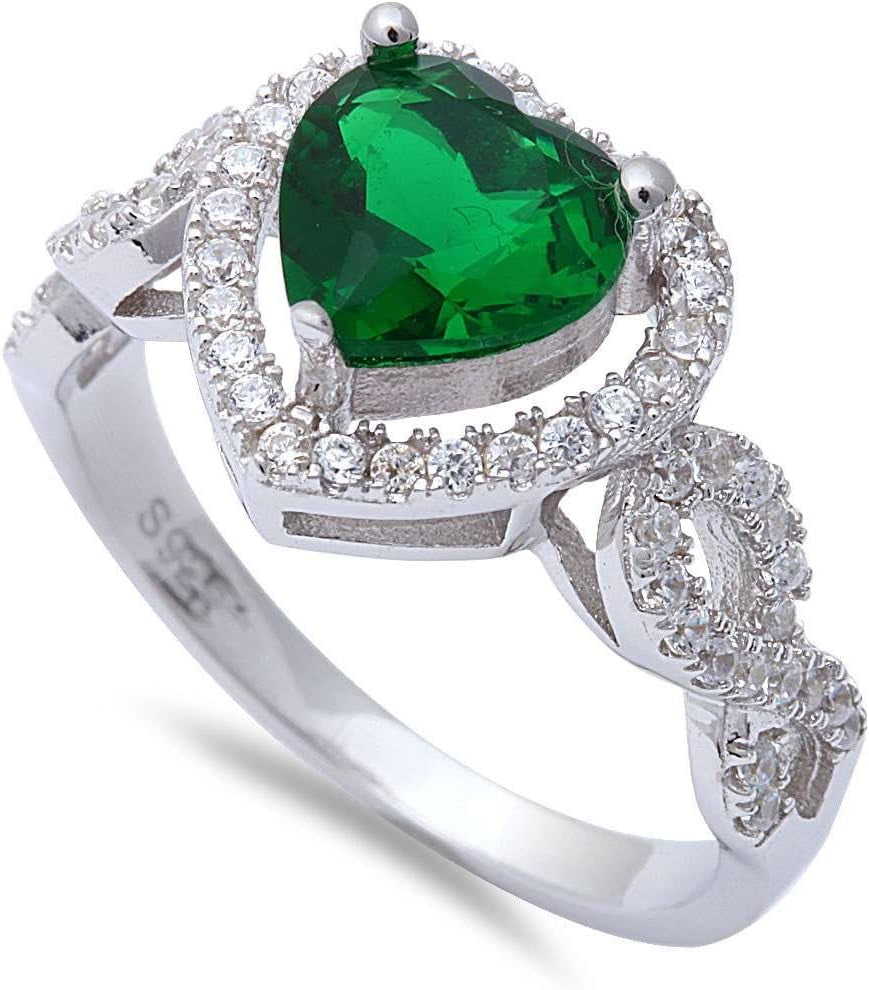 Heart Simulated Green Emerald & Cubic Zirconia .925 Sterling Silver Ring Sizes 5-10