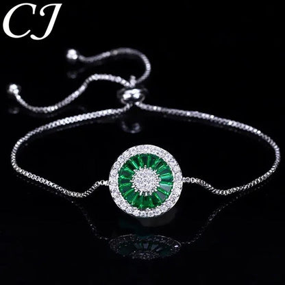 CANDICE Fashion Green round Charm Adjustable Slider Bracelet Bangle for Women White Gold Plated Cubic Zirconia Jewelry