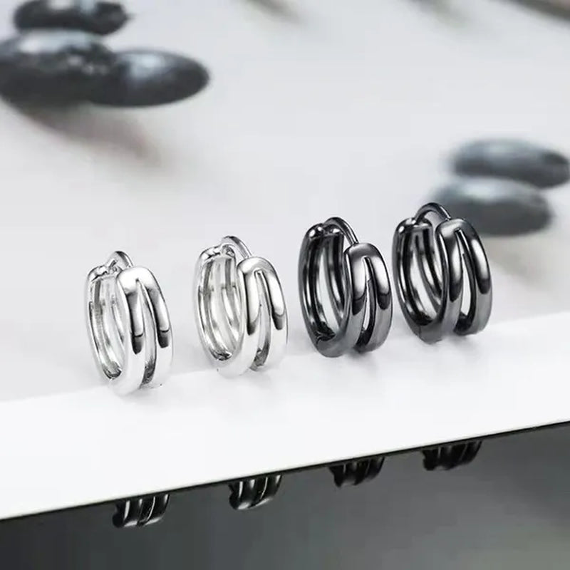 1Pair Stainless Steel Hoop Earrings Punk Multilayer round Double Hip Hop Pierced Stud Earrings