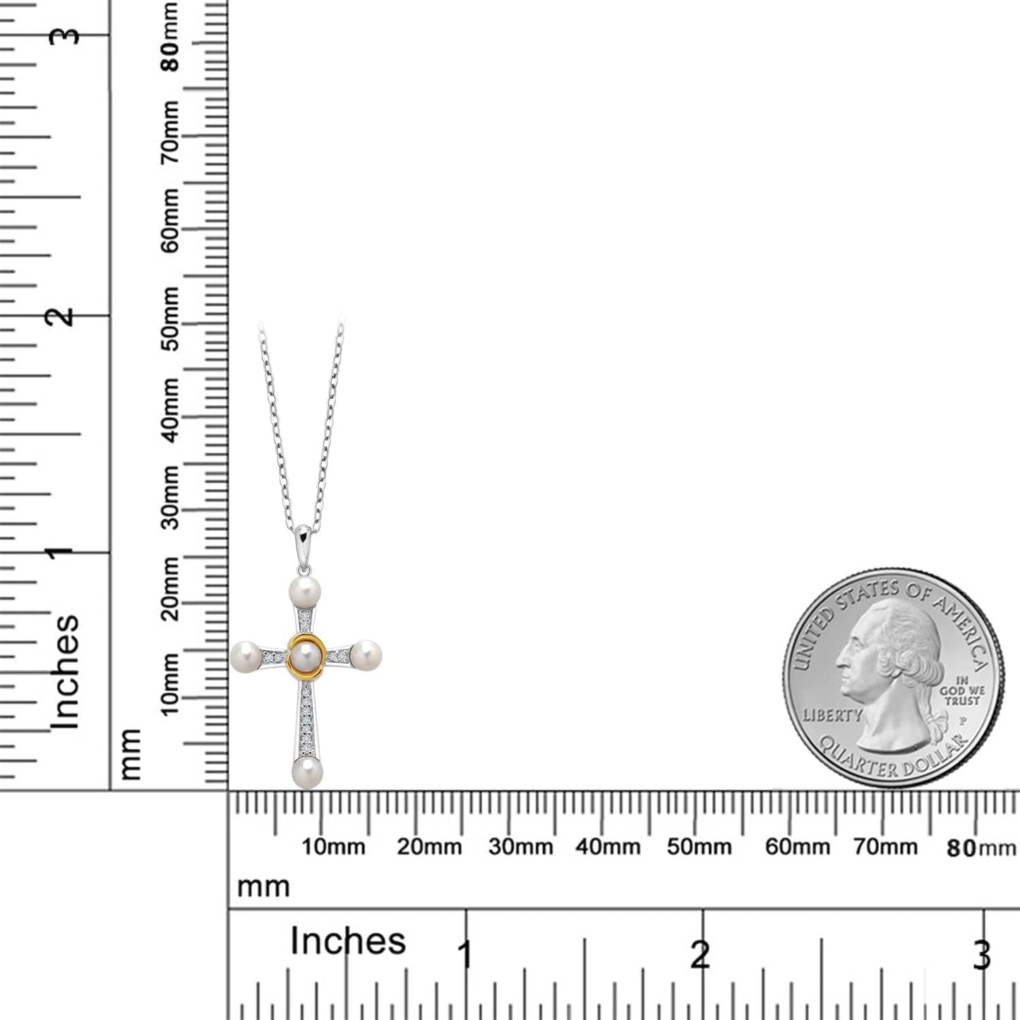 925 Silver and 10K Yellow Gold Cultured Freshwater Pearl and Lab Grown Diamond Cross Pendant Necklace for Women (0.10 Cttw, round 4-4.5MM Pearls, 18 Inch Chain)