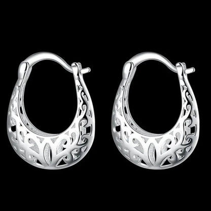 FASHION 925 Sterling Silver Jewelry Filigree Hoop Earrings for Women Charm Jewelry