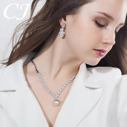 CANDICE Elegant Bridal Accessories AAA Cubic Zirconia with round White Pearl Pendant Necklace Earrings Wedding Jewelry Sets for Women