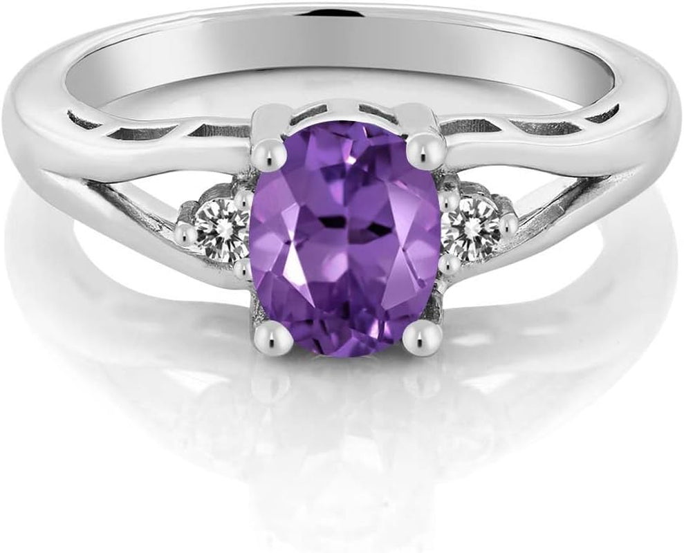 925 Sterling Silver Purple Amethyst and White Diamond 3 Stone Engagement Ring for Women | 1.16 Cttw | Oval 8X6MM | round 2MM | Gemstone February Birthstone | Available in Size 5,6,7,8,9