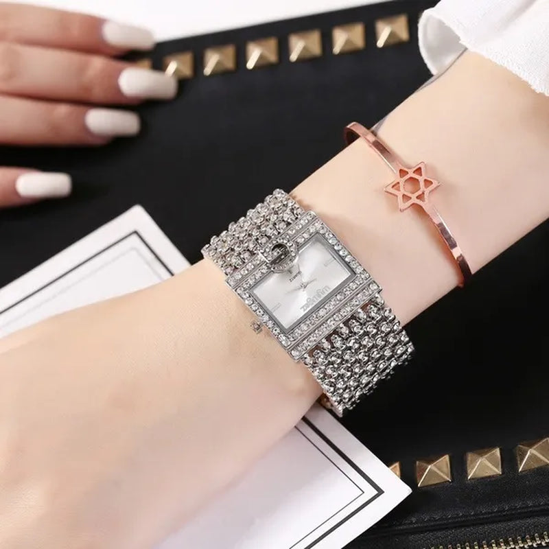Lucky Bracelets Luxury Ladies Wrist Watch Fashion Full Diamond Gold Stainless Steel Rectangular Female Quartz Watch