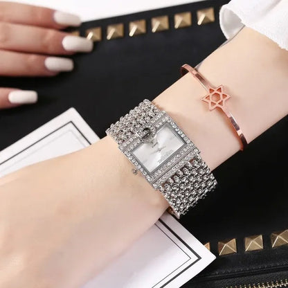 Lucky Bracelets Luxury Ladies Wrist Watch Fashion Full Diamond Gold Stainless Steel Rectangular Female Quartz Watch
