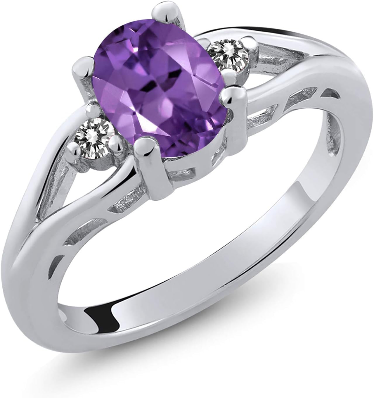 925 Sterling Silver Purple Amethyst and White Diamond 3 Stone Engagement Ring for Women | 1.16 Cttw | Oval 8X6MM | round 2MM | Gemstone February Birthstone | Available in Size 5,6,7,8,9