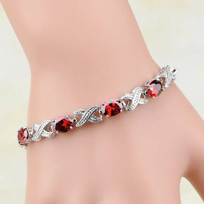925 Sterling Silver Jewelry Oval Red Ruby White Topaz Chain&Link Bracelet Christmas Gifts For Women Wedding Free Gifts Box