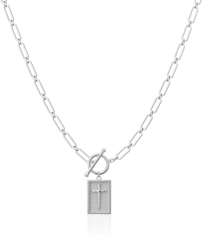 14K Gold Plated/Silver Plated Cross Necklace for Women Trendy Chunky Cross Pendant Necklace Toggle Clasp Paperclip Box Chain Charm Necklaces for Women Jewelry Gift Christian Religious Baptism
