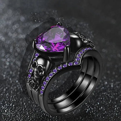 Gothic Black Rose Flower Skull Engagement Rings Set Red Purple Heart-shaped Zircon Crystal Wedding Anniversary Holiday Gift
