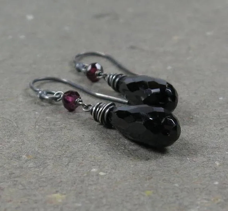 Black Spinel Earrings Pink Tourmaline Long Earrings