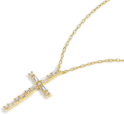 Cross Necklace for Women - 18K Yellow Gold over Sterling Silver - 0.51 CTW White Cubic Zirconia Pendant - Tarnish-Resistant Religious Gift - 18"