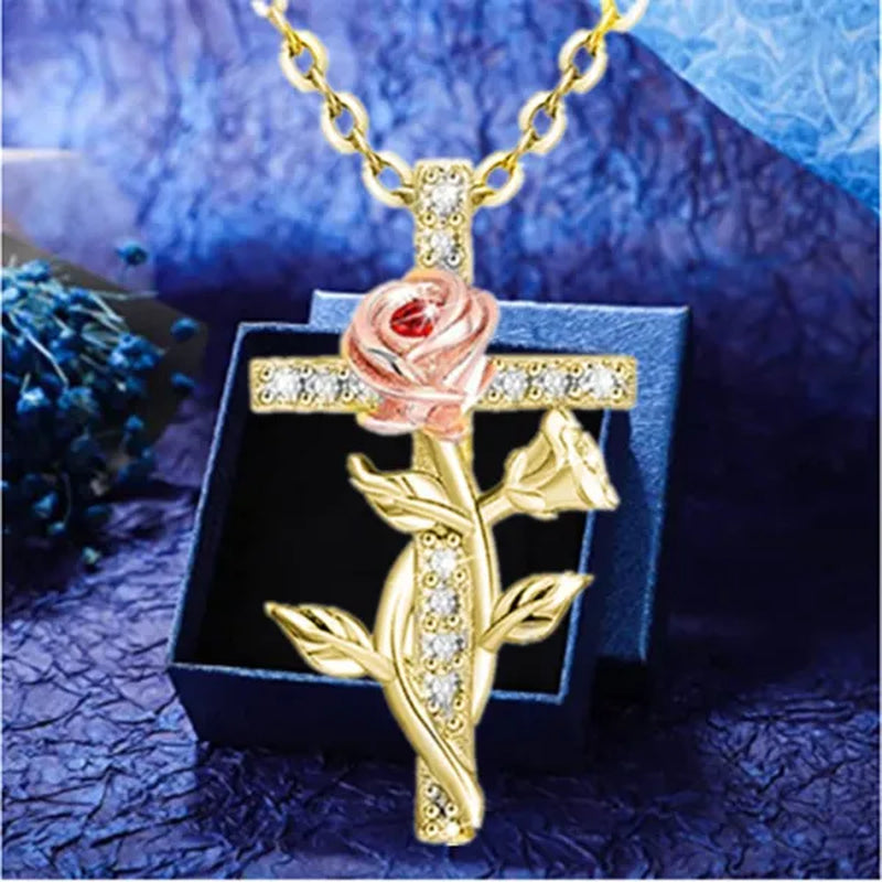 Elegant Fashion Creative Cross Rose Necklace Natural Crystal Cross Diamond Necklace Religious Cross Flower Pendant Women'S Necklace Wedding Pendant Birthday Party Anniversary Gift