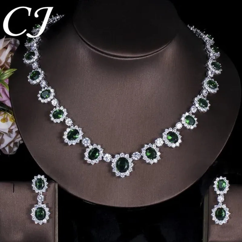 CANDICE European Style White Gold Plated Noble Green Lady Luxury Wedding Necklace Earrings Bridal Jewelry Set With AAA CZ Stone