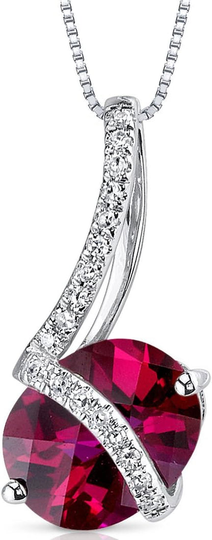 Created Ruby and Genuine Diamond Pendant for Women 14K White Gold, 2.67 Carats Oval Shape 9X7Mm