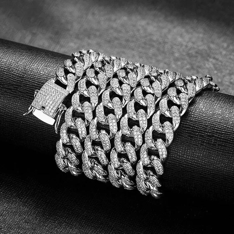 Gold/Silver Stainless Steel Hip Hop Jewelry Iced Out Rhinestone Thick Miami Cuban Link Chain Necklace Bracelet 7-28 Inch