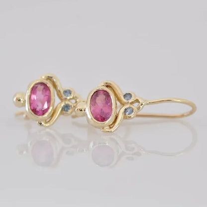 Unique Blue Sapphire Oval Pink Tourmaline Gemstone Dangle Hook Earrings Women Jewelry Gifts