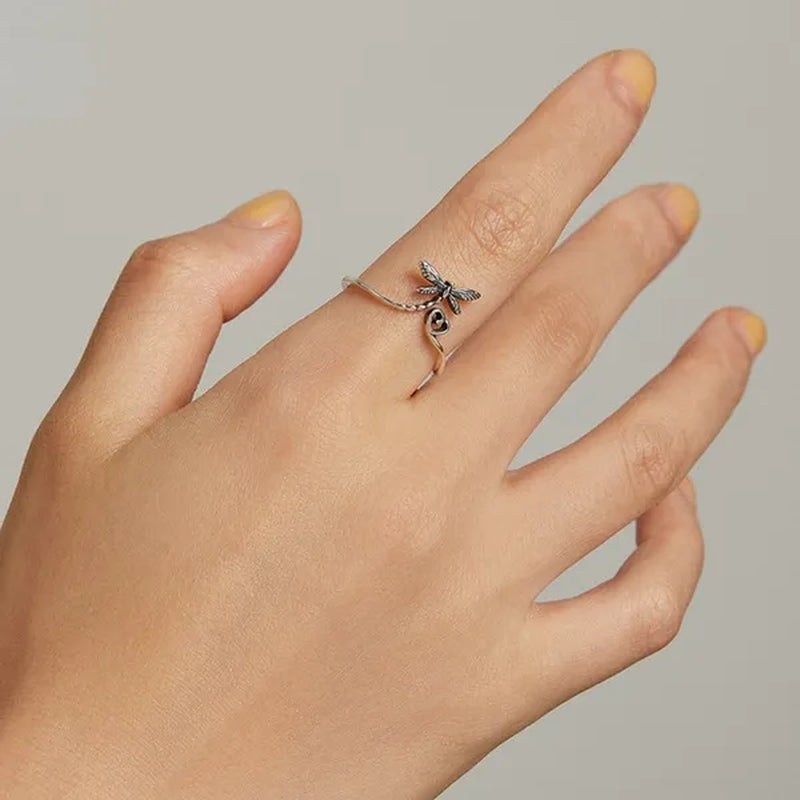 2021 New Dragonfly Love Heart Open Ring 925 Sterling Silver Vintage Insect Ring for Women