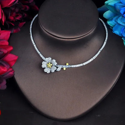 CANDICE Romantic 3D Flower Design Full Micro Pave Tiny CZ and Yellow 18K White Gold Plated Choker Necklace Earrings Set for Women Stylish Prom Party Jewelry