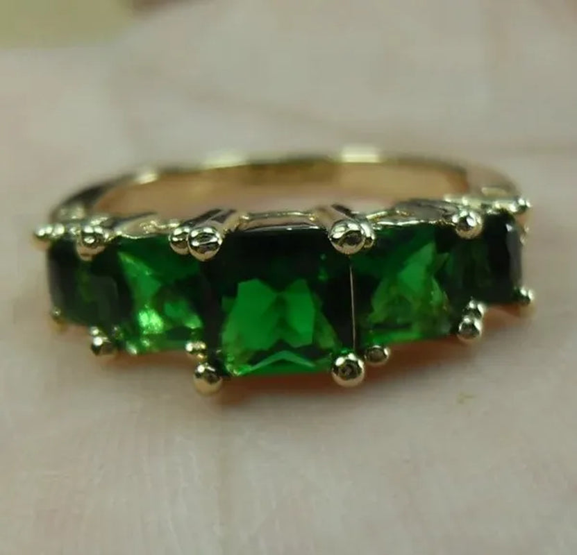 Natural 3.28CT Emerald Diamond 14K Yellow Gold Ring Size 6-10