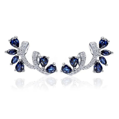 Trendy Women Climbing Earrings Cubic Zirconia Blue Sapphire Earrings Bridal Wedding Flower Earrings Valentine'S Day Gift